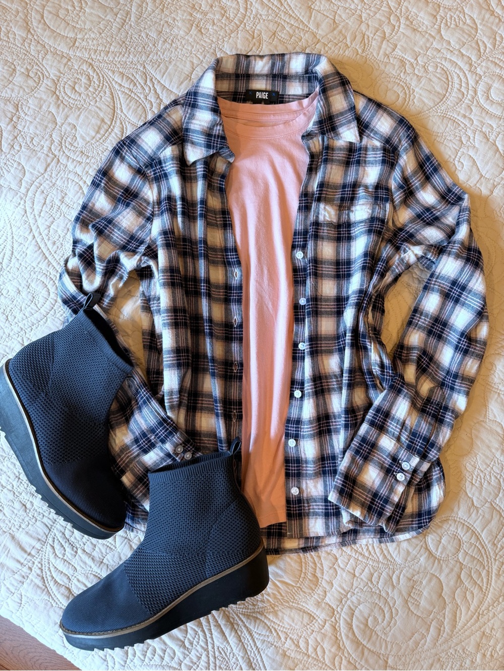 PAIGE Flannel Soft Navy Plaid Shirt Fall Classic Layering